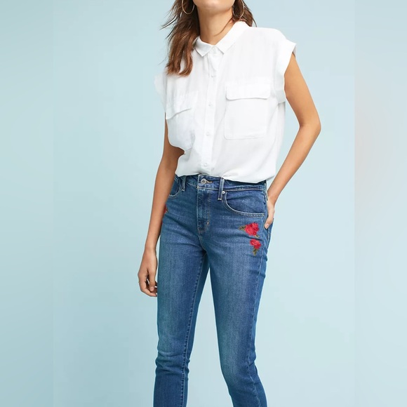 Anthropologie Levi’s 721 High Rise Skinny Jeans Rose Embroidered 29 x 30 - Picture 7 of 16